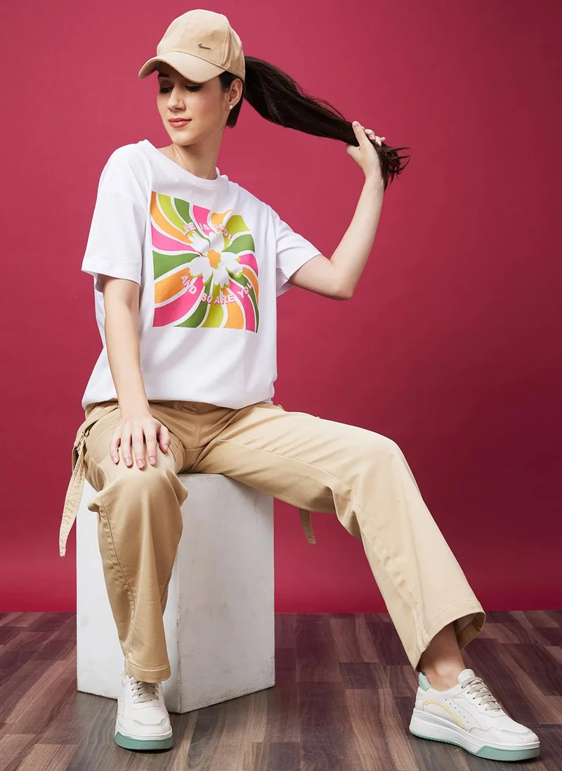 globus Globus Women White Floral Print Drop-Shoulder Sleeves Boxy T-shirt